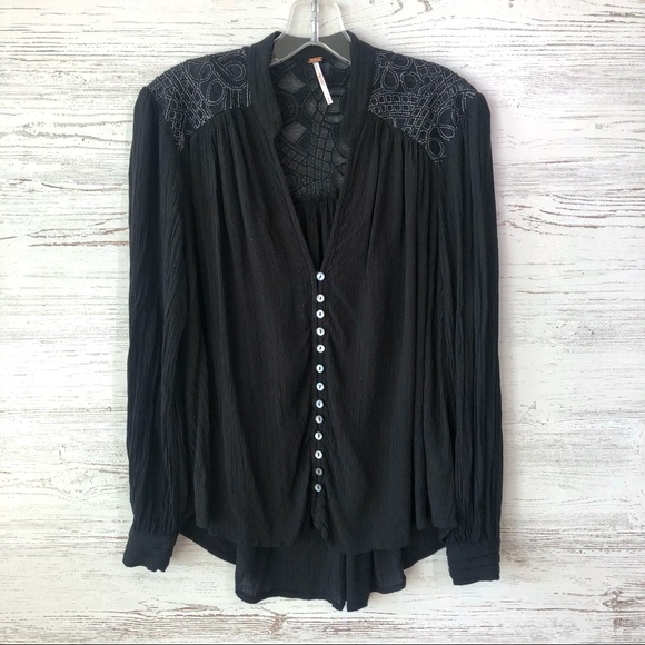 FREE PEOPLE Canyon Rose Embroidered Boho Hi Lo Blouse Black S Whimsigoth Grunge - Picture 4 of 11